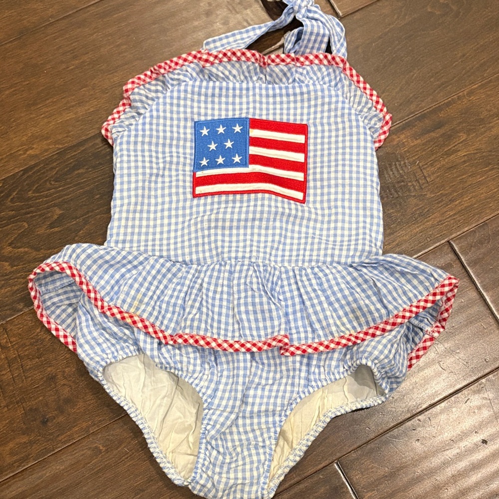 Kids Blue Checkered One Piece Swimsuit with Flag Design